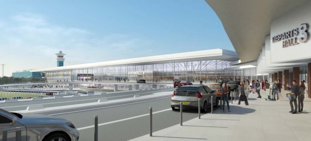 Vue extérieure sur le nouveau bâtiment de liaison depuis le Hall 3.