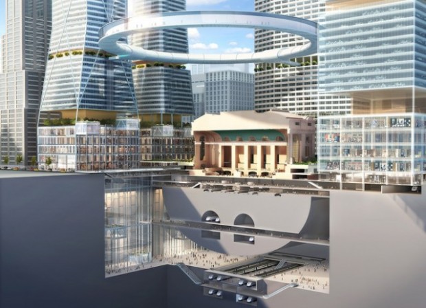 Coupe 3D sur le complexe multimodal au pied du projet.