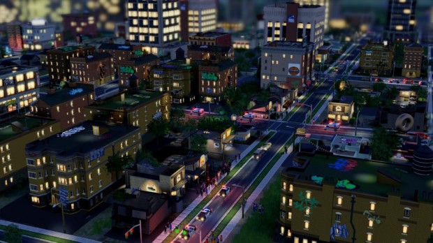 Vue nocturne d'une ville simulée par SimCity.