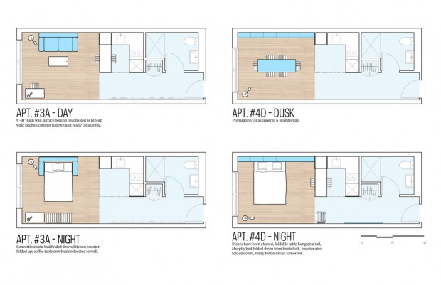 Plan jour/nuit de deux modules adAPT NYC MicroUnit.