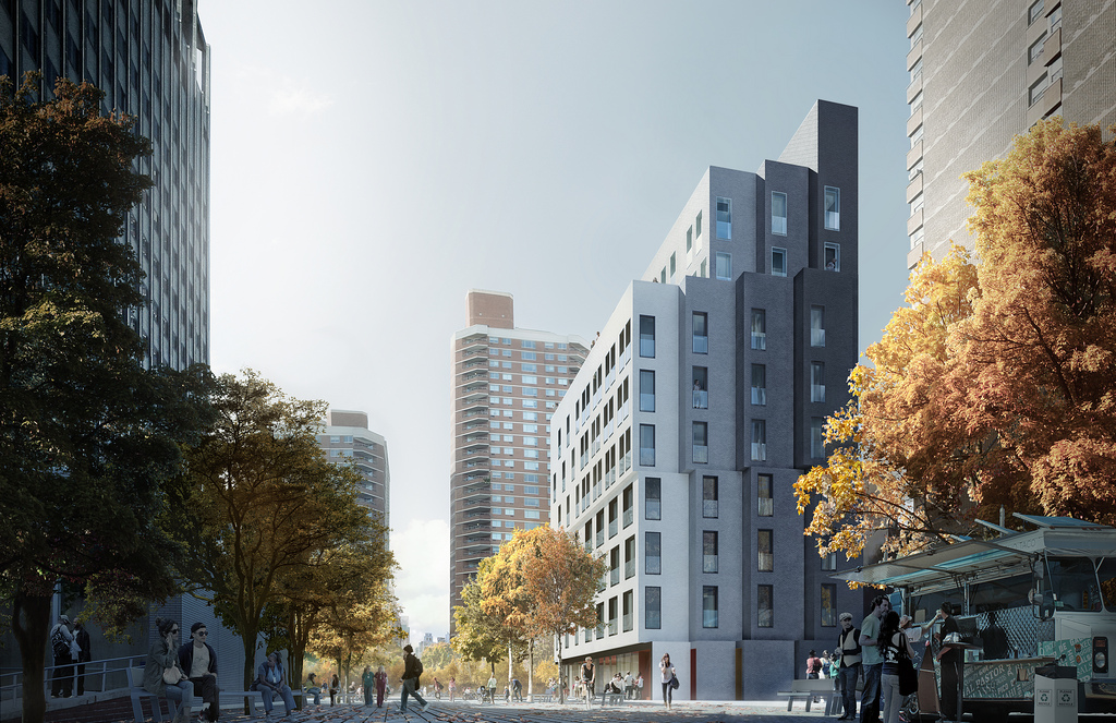 Perspective depuis la rue du complexe adAPT NYC MicroUnit.