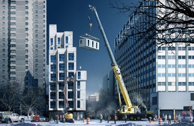 Rendu de la construction du complexe adAPT NYC MicroUnit, en hiver.