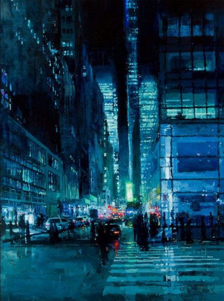 "New York Night in Blue" - Oil on Panel - 48 x 36 inches - The John Pence Gallery