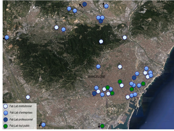 Localisation des Fab Labs dans l’aire métropolitaine barcelonaise (source : Raphaël Besson, Villes Innovations, 2015)