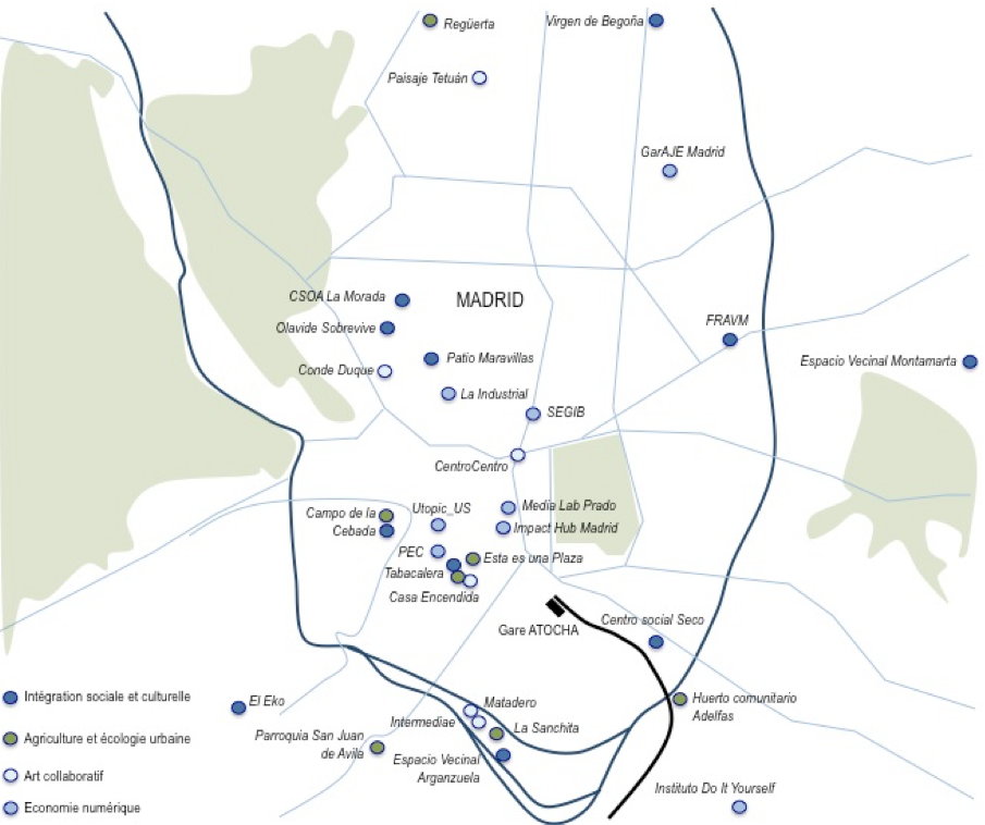 Typologie et localisation des Laboratorios ciudadanos dans Madrid (source : Raphaël Besson, Villes Innovations)